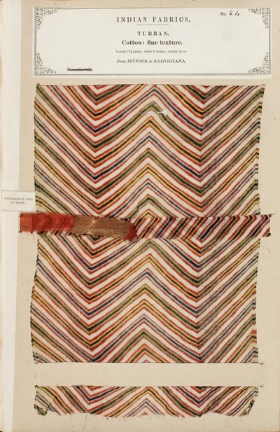 Feine Baumwollturbaneprobe aus Jeypoor in Rajpootana, aus The Collection of the Textile Manufacturers of India, von John Forbes Watson, veröffentlicht 1866 von Indian School