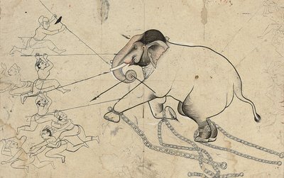 Isarda oder Kotah vorbereitende Zeichnung der Zähmung eines Elefanten, ca. 1720 von Indian School