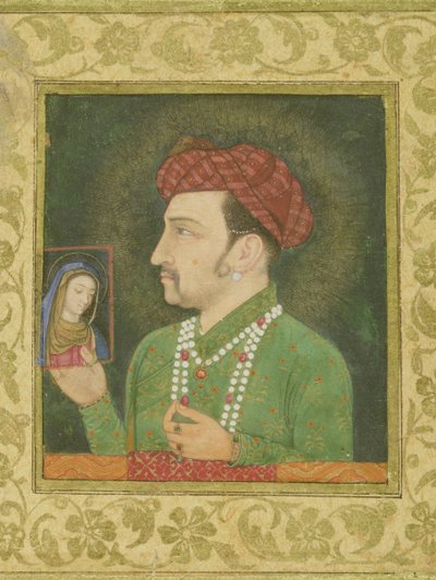 Jahangir hält ein Bild der Madonna, persische Inschrift: Janhangir Shah, Mughal von Indian School