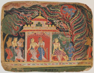 Krishna wird vom Wirbelwind-Dämon entführt, aus einem Bhagavata Purana, ca. 1520-30 von Indian School