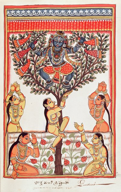 Krishna stiehlt die Kleider der Gopi, die im Fluss Yamuna schwimmen von Indian School