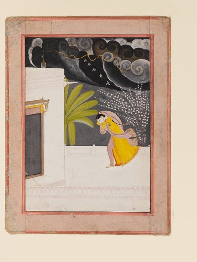 Dame auf einer Terrasse, die Schutz vor dem Regen sucht, frühes 19. Jahrhundert von Indian School