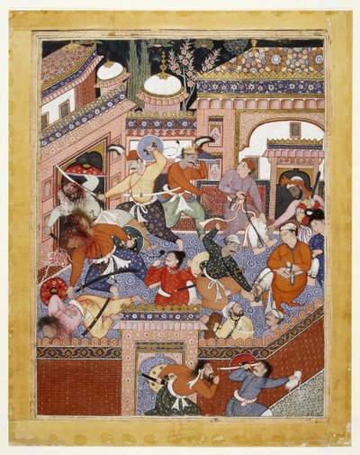 Geführt von Songhur Balkhi und Lulu dem Spion, schneiden die Ayyars den Gefängniswärtern die Kehlen durch und befreien Said Farrukh-Nizhad, 1557 - 1572 von Indian School