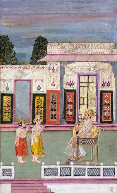 Maharaja Sawai Jai Singh begrüßt von zwei gekrönten Männern von Indian School