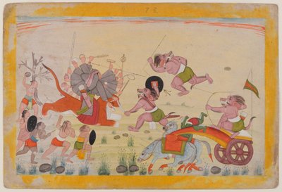 Mahasura greift die Devi an, Folio aus einer verstreuten Devi Mahatmya Serie, ca. 1770-80 von Indian School