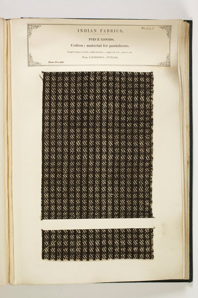 Material für Pantalons, Loodiana, Punjab, Stückwaren, aus der Sammlung der Textilhersteller Indiens, von John Forbes Watson, veröffentlicht 1866 von Indian School