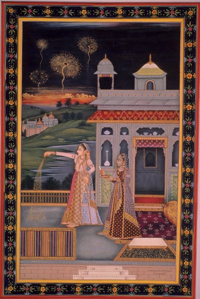 Miniaturmalerei einer Dame, die das Diwali-Fest feiert, Indien von Indian School