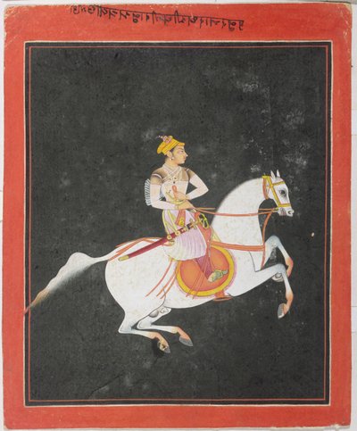 Porträt von Kunwar Baharat Singh zu Pferd, von Utkalrama, beschriftet oben und rückseitig in Devanagari, Bundi, Rajasthan, Rajput-Schule von Indian School