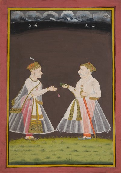 Wahrscheinlich ein Porträt von Rana Raj Singh von Udaipur (1661-81), der einem Adligen Pan anbietet, 1820 von Indian School