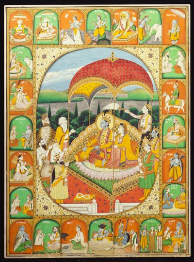 Rama und Sita auf dem Thron, verehrt von Shiva, Hanuman und anderen, 1800-20 von Indian School