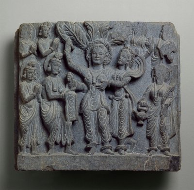Relief, das die Geburt Buddhas darstellt, Gandhara, wahrscheinlich Sikri, 2.-3. Jahrhundert von Indian School