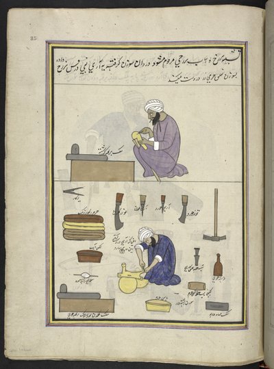 Sattler, 86 Zeichnungen in einem Band, die Berufe und Tätigkeiten in Kaschmir darstellen, Handwerker bei der Arbeit mit ihren Werkzeugen und Geräten, von einem Kaschmir-Künstler, wahrscheinlich in Srinagar, ca. 1850-60 von Indian School