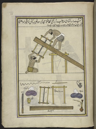 Säger, 86 Zeichnungen in einem Band, der Berufe und Tätigkeiten in Kaschmir darstellt, Handwerker bei der Arbeit mit ihren Werkzeugen und Geräten, von einem Kaschmir-Künstler, wahrscheinlich in Srinagar, um 1850-60 von Indian School