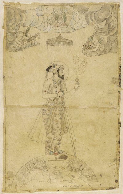 Shah Jahan steht auf einem Globus von Indian School