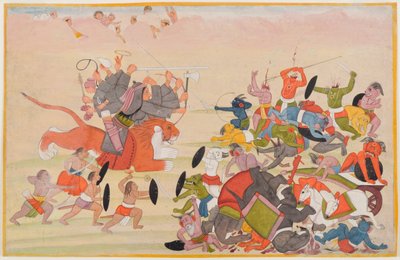 Die Devi besiegt Mahishasura, Folio aus einer verstreuten Devi Mahatmya Serie, ca. 1770-80 von Indian School
