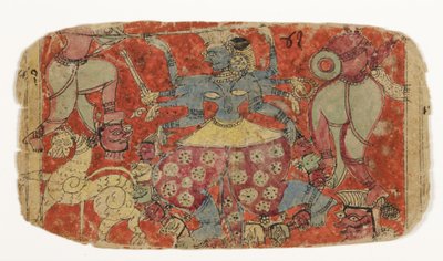 Die Göttin Kali kämpft gegen Dämonen, aus Durga greift die Dämonen Shambha und Nishumbha an von Indian School