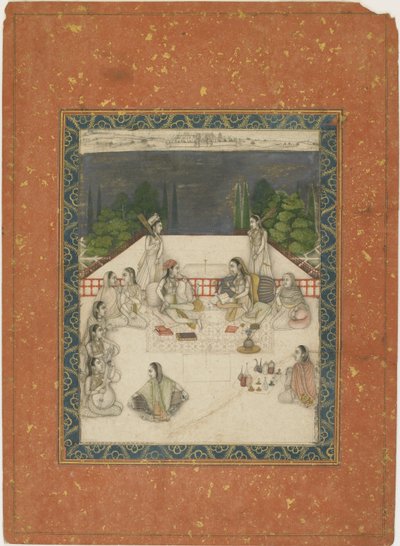 Zwei Frauen auf einer Terrasse, umgeben von Dienern und Musikern, ca. 1650 von Indian School