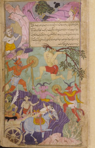 Hanuman und die Affen greifen die Dämonen an und zwingen Indrajita, das Opfer abzubrechen, das ihn unbesiegbar machen würde von Indian School