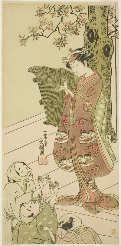 Der Schauspieler Arashi Hinaji I, möglicherweise als Yuya Gozen im Stück Ima o Sakari Suehiro Genji, aufgeführt im Nakamura-Theater ab dem ersten Tag des elften Monats, 1768 von Ippitsusai Bunchō