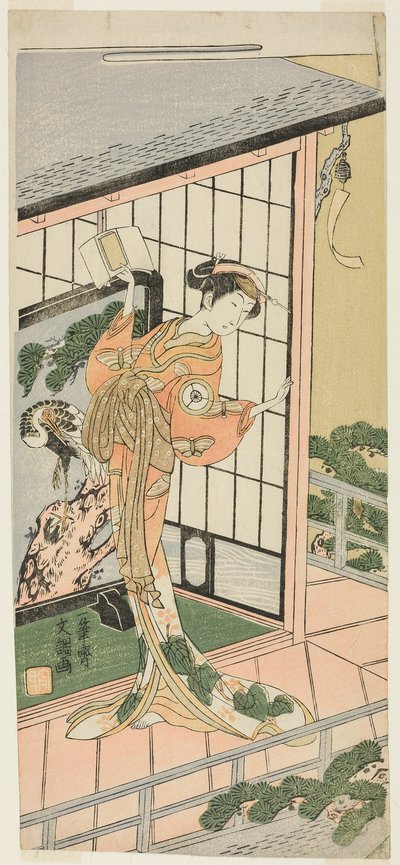 Der Schauspieler Iwai Hanshiro IV als Okaru im siebten Akt des Stücks Chushingura (Schatz der siebenundvierzig treuen Vasallen), aufgeführt im Morita Theater ab dem dritten Tag des vierten Monats, 1769 von Ippitsusai Bunchō