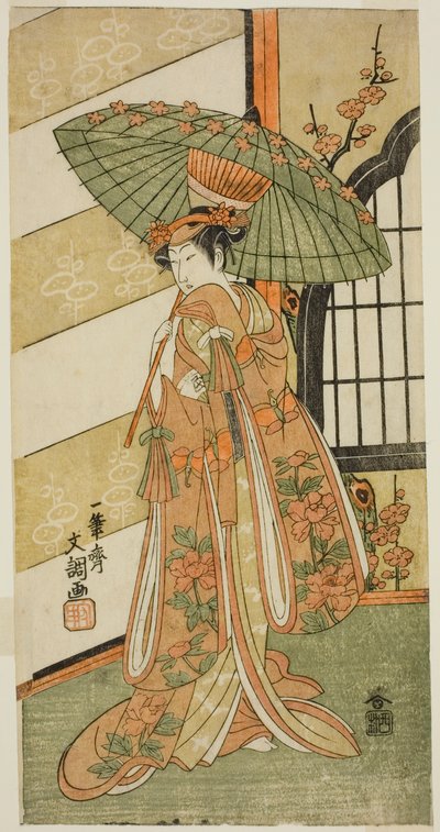 Der Schauspieler Onoe Tamizo I als Nishikigi im Stück Mutsu no Hana Ume no Kaomise, aufgeführt im Ichimura Theater im elften Monat, 1769 von Ippitsusai Bunchō