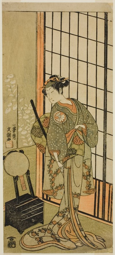 Der Schauspieler Segawa Kikunojo II als Prinzessin Hitomaru (?) im Stück Soga Moyo Aigo no Wakamatsu (?), aufgeführt im Nakamura-Theater (?) im ersten Monat, 1769 (?) von Ippitsusai Bunchō