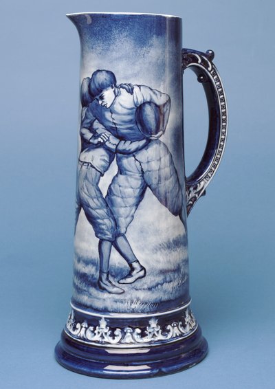 Großer Belleek-Krug mit Rugby-Szene (Keramik) von Irish School