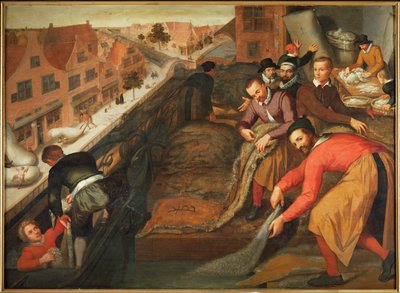 Arbeiter beim Waschen und Sortieren von Wolle, um 1600 von Isaac Claesz Swanenburgh