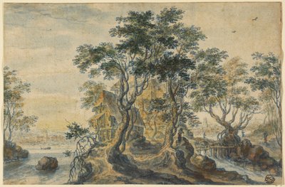 Flusslandschaft mit Haus auf einer felsigen Insel von Isaac Major