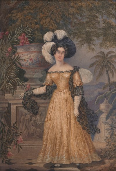 Lady Rowe, Stehend in voller Länge auf einer Terrasse, eine mondbeschienene jamaikanische Landschaft dahinter von Isaac Mendes Belisario