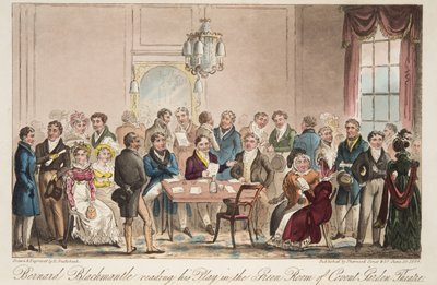 Bernard Blackmantle liest sein Stück im Green Room des Covent Garden Theatre, aus The English Spy, veröffentlicht 1824 von Isaac Robert Cruikshank