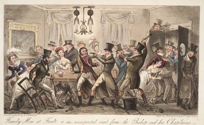 Familienmänner im Fehler, oder ein unerwarteter Besuch vom Bischof und seinen Kaplänen, aus The English Spy, veröffentlicht 1824 von Isaac Robert Cruikshank