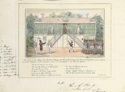 Die Verhaftung von John Morgan, Esq., Kaufmann, Singapur, Oktober 1824, durch John Crawford Esq., Resident, ehemals Arzt im Dienst der Gesellschaft, später Botschafter am Hof, Bangkok, Siam, und Umrapoorah, Burmesisches Reich, Mai 1827 von Isaac Robert Cruikshank