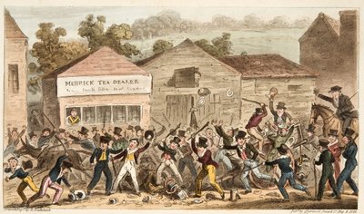The Tea Pot Row in Harrow, oder die Schlacht von Hog Lane, aus The English Spy, veröffentlicht 1824 von Isaac Robert Cruikshank