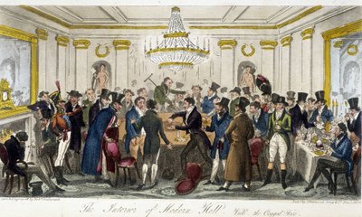 Das Innere der Modern Hall - in „The English Spy“ von Charles Molloy Westmacott, Zeichnung von Robert Cruikshank, London Edition von Isaac Robert Cruikshank