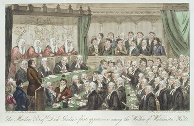 Das erste Auftreten von Dick Gradus unter den Würdenträgern der Westminster Hall, veröffentlicht 1824 von Isaac Robert Cruikshank