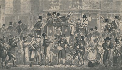 Vor dem White Horse Cellar, Piccadilly, 1821, 1920. Künstler: Isaac Robert Cruikshank, George Cruikshank von Isaac, Robert and George Cruikshank
