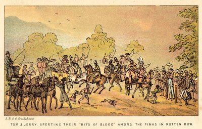 Tom und Jerry zeigen ihre Blutstropfen unter den Pinks in Rotten Row von Isaac, Robert and George Cruikshank