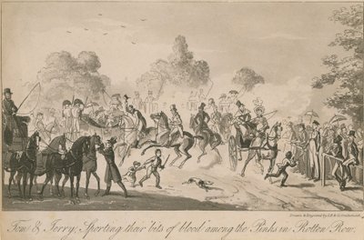 Tom und Jerry zeigen ihre Blutspuren unter den Pinks im Rotten Row von Isaac, Robert and George Cruikshank