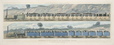 Reisen auf der Liverpool und Manchester Railway: Ein Zug der ersten Klasse mit der Post und ein Zug der zweiten Klasse für Außenpassagiere, graviert von S.G. Hughes von Isaac Shaw