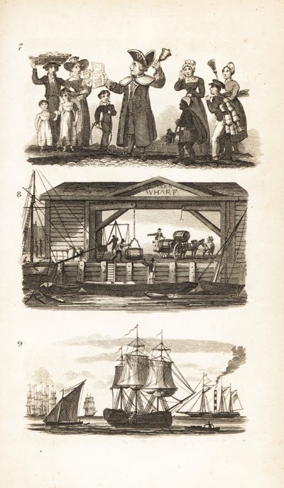 Der Glockenmann, ein Londoner Kai und Kohleschiff und Kohlebarke von Isaac Taylor