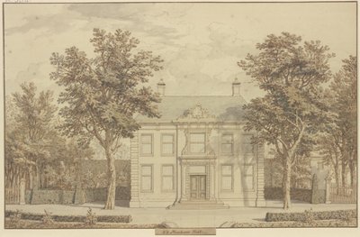 Gartenanlage mit Taxushecke und einem Haus zwischen zwei Bäumen von Isaac de Moucheron
