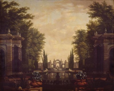 Wasserpartie mit Statuen und Gebäuden in einem Park von Isaac de Moucheron