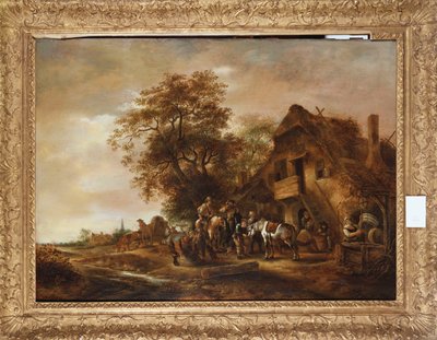 Reiter erfrischen sich vor einem Gasthaus, mit anderen Figuren und einem Pferdewagen von Isack van Ostade