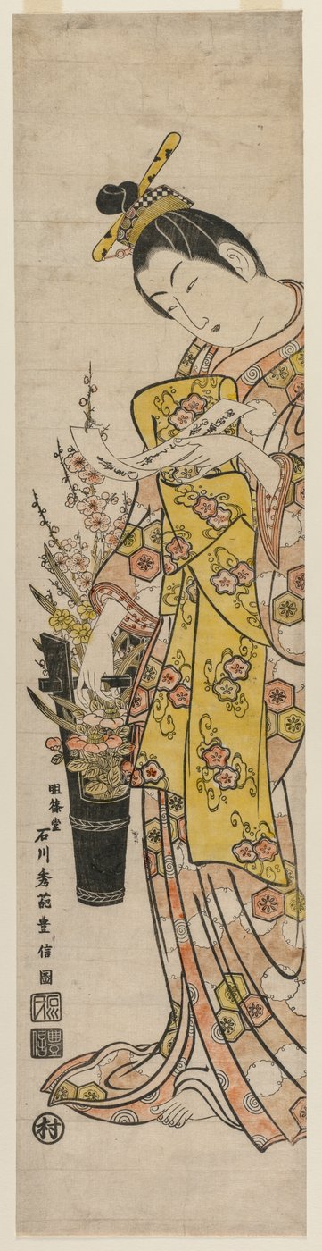 Kurtisane liest ein Gedicht, das an Blumen in einer Vase gebunden ist, Mitte der 1740er Jahre von Ishikawa Toyonobu