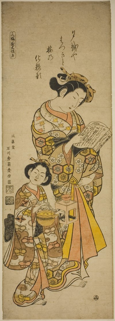 Kurtisane von Osaka und ihre Begleiterin, linkes Blatt eines Triptychons der Schönheiten der drei Hauptstädte (Sanpukutsui Osaka hidari) von Ishikawa Toyonobu