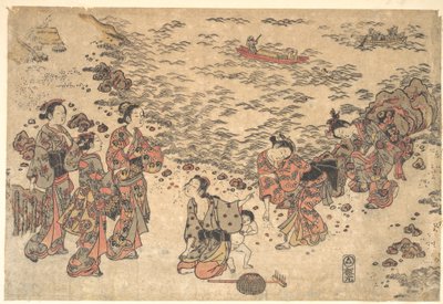 Frauen und ein kleiner Junge sammeln Muscheln am Strand von Ishikawa Toyonobu
