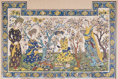 Wandtafel mit Figuren, die sich in einem Garten entspannen, aus dem Tschehel Sutun oder Pavillon der Vierzig Säulen, gebaut von Schah Abbas II. von Islamic School