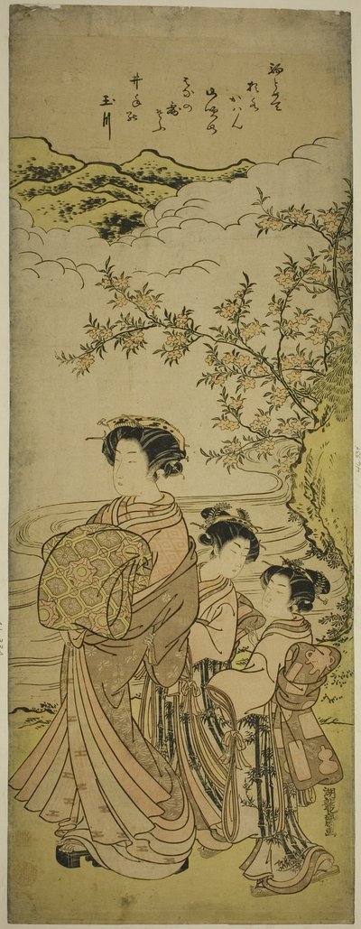 Kurtisane und zwei Begleiterinnen, die an einem Bach entlang paradieren von Isoda Koryusai