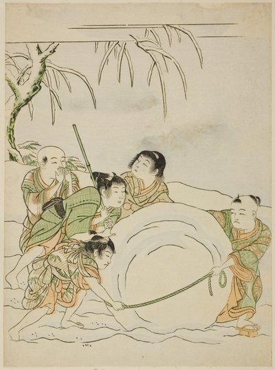 Fünf junge Jungen rollen einen großen Schneeball von Isoda Koryusai